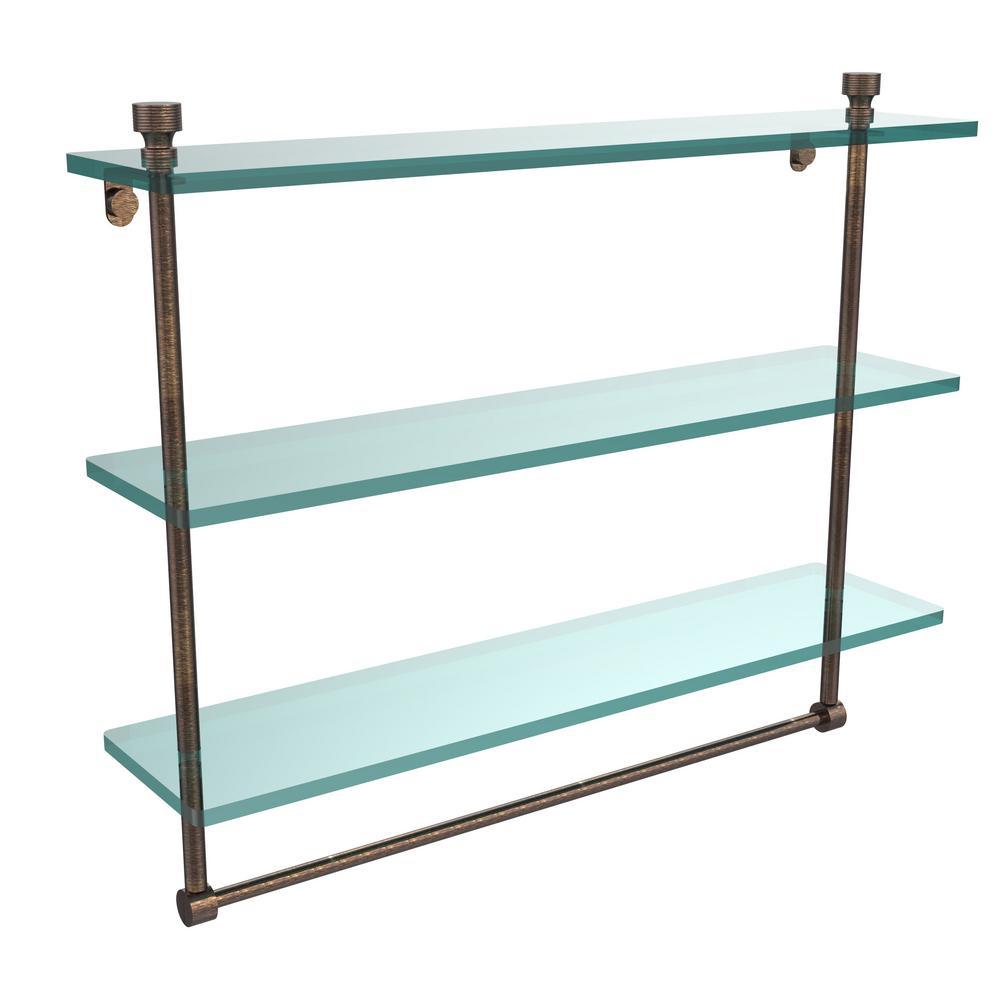 Foxtrot 22 in. L  x 18 in. H  x 5 in. W 3-Tier Clear Glass Bathroom Shelf with Towel Bar in Satin Nickel - Super Arbor