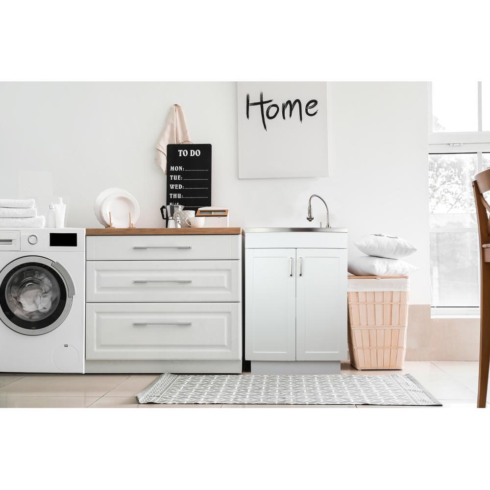 All-in-One 23.6 in. x 19.7 in. x 34.6 in. Stainless Steel Laundry/Utility Sink and Wood Cabinet with Faucet in White - Super Arbor