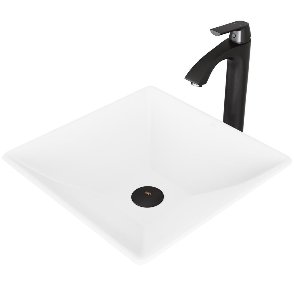 Hibiscus White Matte Stone Vessel Bathroom Sink and Linus Bathroom Vessel Faucet in Antique Rubbed Bronze w/ Pop up - Super Arbor