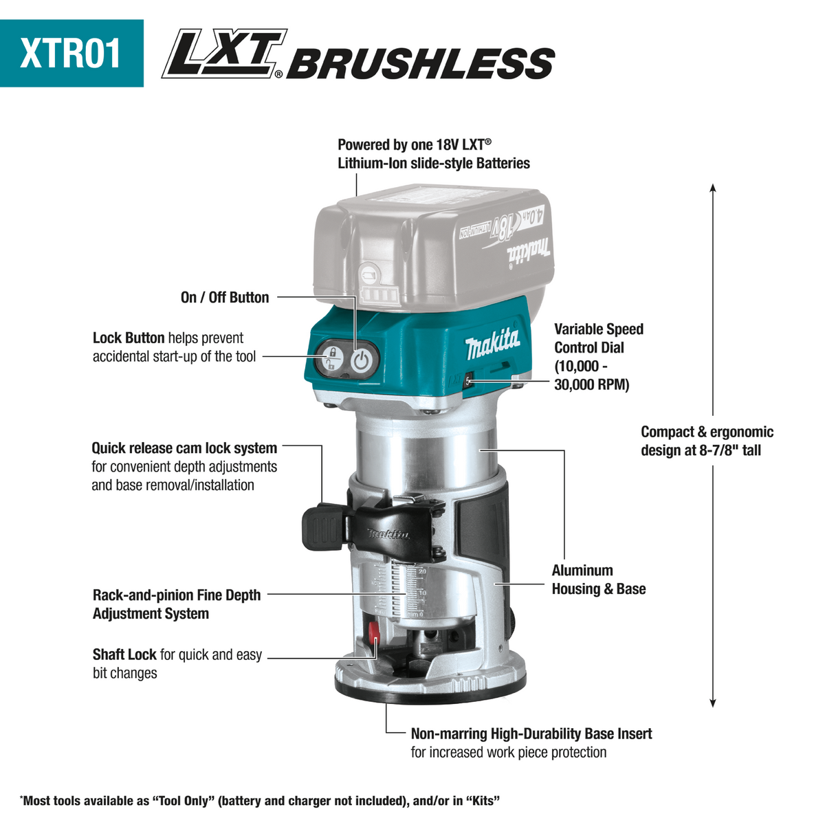 Makita 18V LXT Lithium-Ion Brushless Cordless Variable Speed Compact Router with Built-In LED Light (Tool Only)