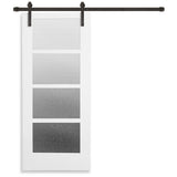 Farmhouse Series 36 in. x 84 in. 4-Lite Mistlite Glass White Primed Wood Interior Sliding Barn Door with Bronze Hard - Super Arbor