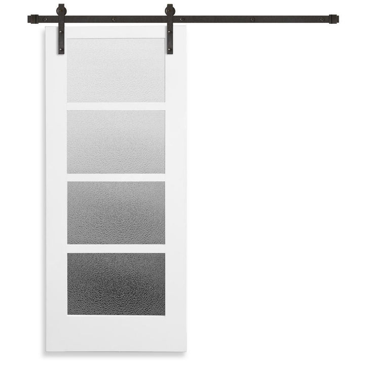 Farmhouse Series 36 in. x 84 in. 4-Lite Mistlite Glass White Primed Wood Interior Sliding Barn Door with Bronze Hard - Super Arbor