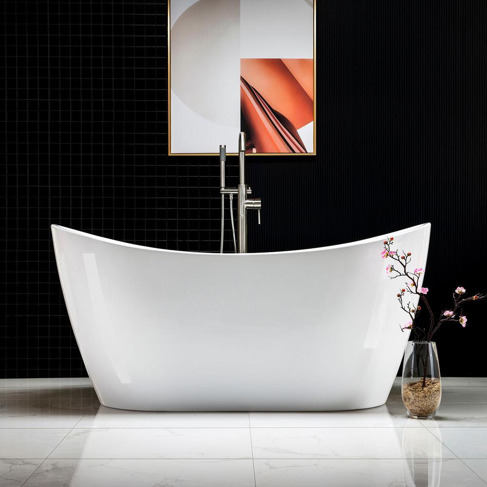 Ladlow 59 in. Acrylic Freestanding Double Slipper Flat Bottom Soaking Bathtub with Drain and Overflow Included in White - Super Arbor