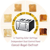 1650 W 4-Slice Silver Wide Slot Toaster with Dual Control Panels of Bagel, Defrost and Cancel Function