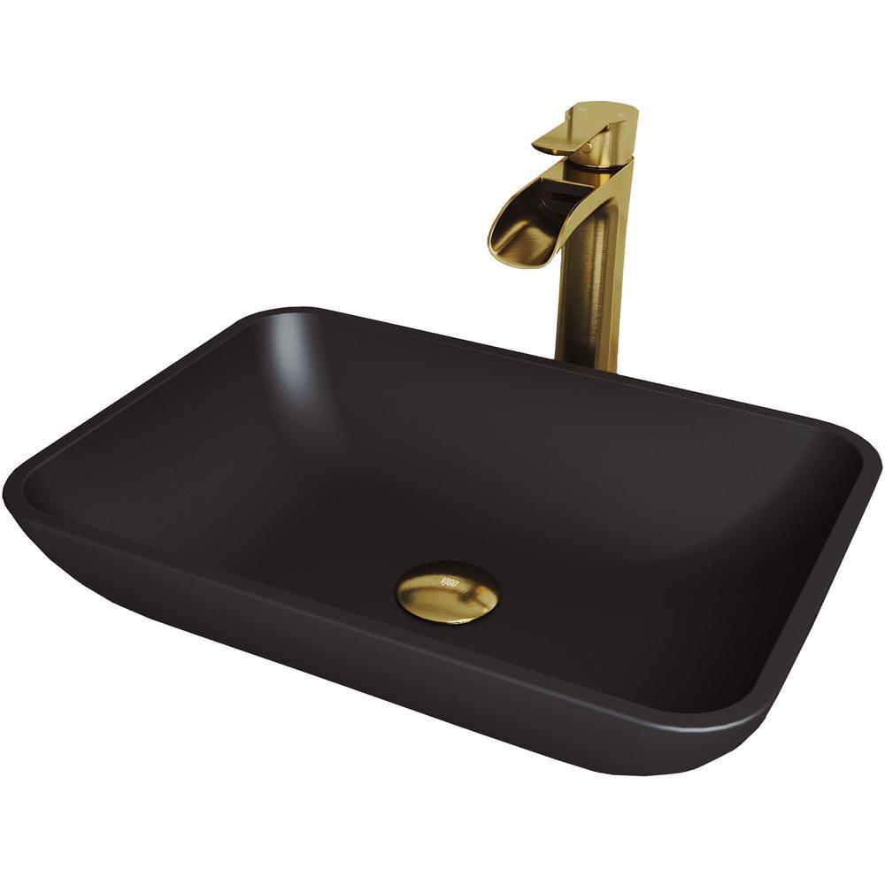 Sottile Glass Vessel Bathroom Sink in Black with Niko Faucet in Matte Gold - Super Arbor