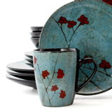 Floral Accents 16-Piece Bohemian Blue Stoneware Dinnerware Set (Service for 4)