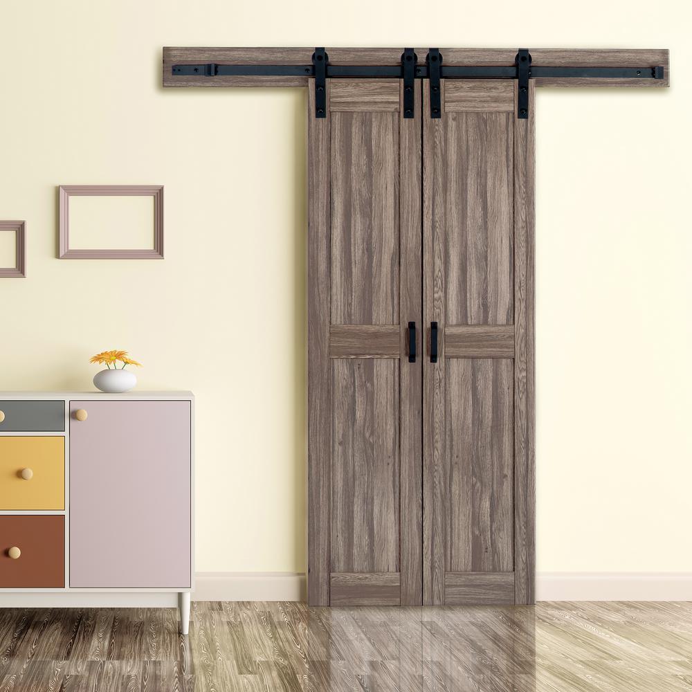 36 in. x 84 in. Taupe MDF Solid Core Bi-Parting Design Interior Sliding Barn Door with Modern Rustic Hardware Kit - Super Arbor