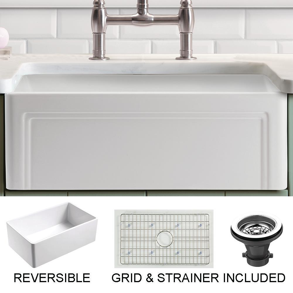 Olde London Farmhouse Fireclay 27 in. Single Bowl Kitchen Sink with Grid with Grid and Strainer - Super Arbor