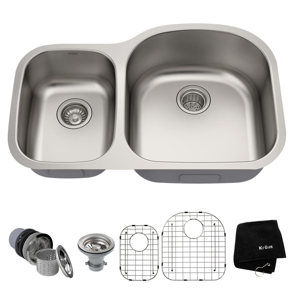 Premier Undermount Stainless Steel 32 in. 60/40 Double Bowl Kitchen Sink - Super Arbor