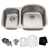 Premier Undermount Stainless Steel 32 in. 60/40 Double Bowl Kitchen Sink - Super Arbor