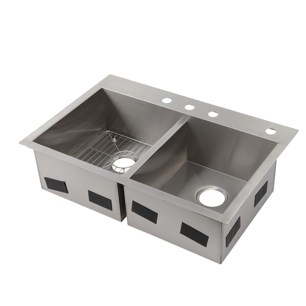 Vault Dual Mount Stainless Steel 33 in. 4-Hole Double Bowl Kitchen Sink with Basin Rack - Super Arbor