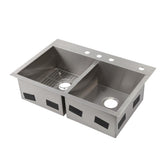 Vault Dual Mount Stainless Steel 33 in. 4-Hole Double Bowl Kitchen Sink with Basin Rack - Super Arbor