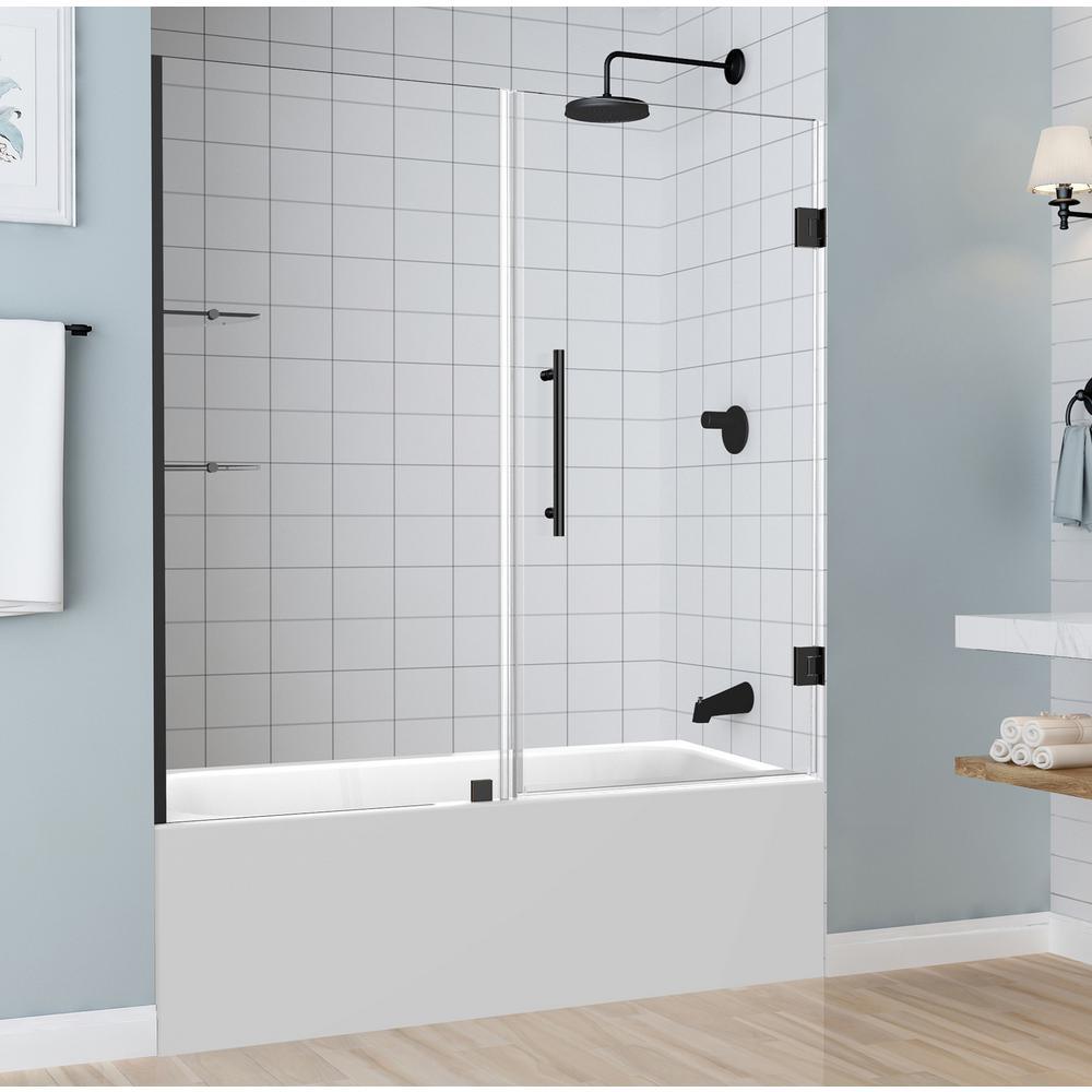 Belmore GS 59.25 in. to 60.25 in. x 60 in. Frameless Hinged Tub Door with Glass Shelves in Matte Black - Super Arbor