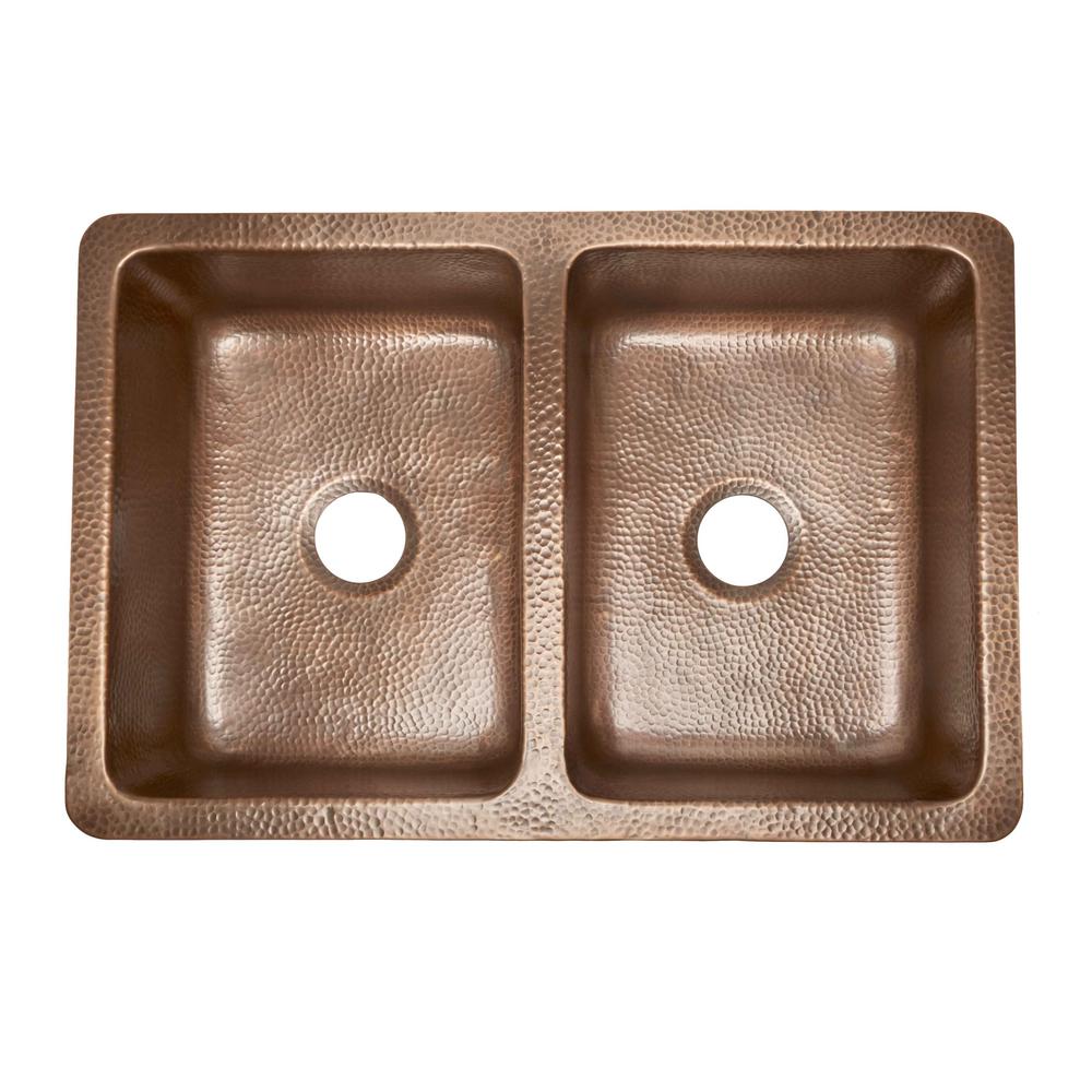Rockwell Farmhouse Apron-Front Copper All-In-One 33 in. Double Bowl 50/50 Kitchen Sink with Pfister Faucet and Drains