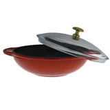7 in. Red French Enameled Cast Iron Wok with Glass Lid