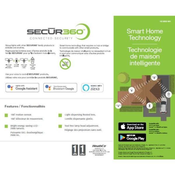 SECUR360 Wi-Fi Connected White Wired Twin Head Voice Activated Motion Activated Outdoor LED Security Flood Light 2000 Lumens