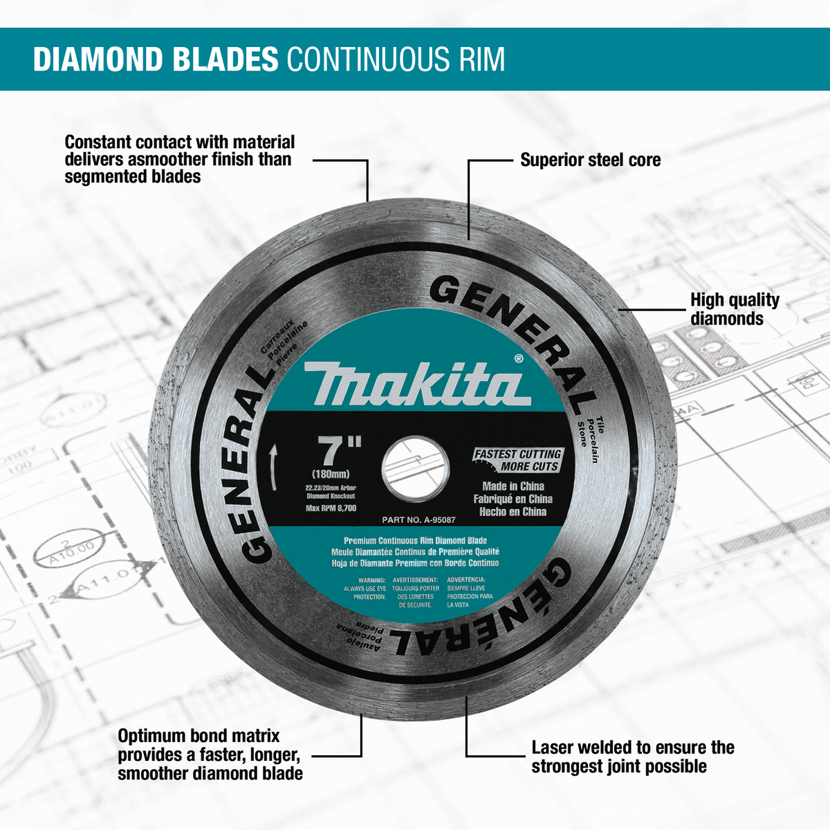 Makita 7 in. Continuous Rim Diamond Blade for General Purpose (A-95087)