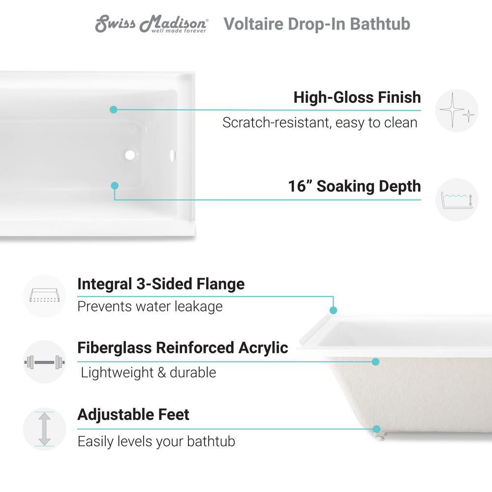Voltaire 60 x 32 in. Acrylic Left-Hand Drain with Integral Tile Flange Rectangular Drop-in Bathtub in White - Super Arbor