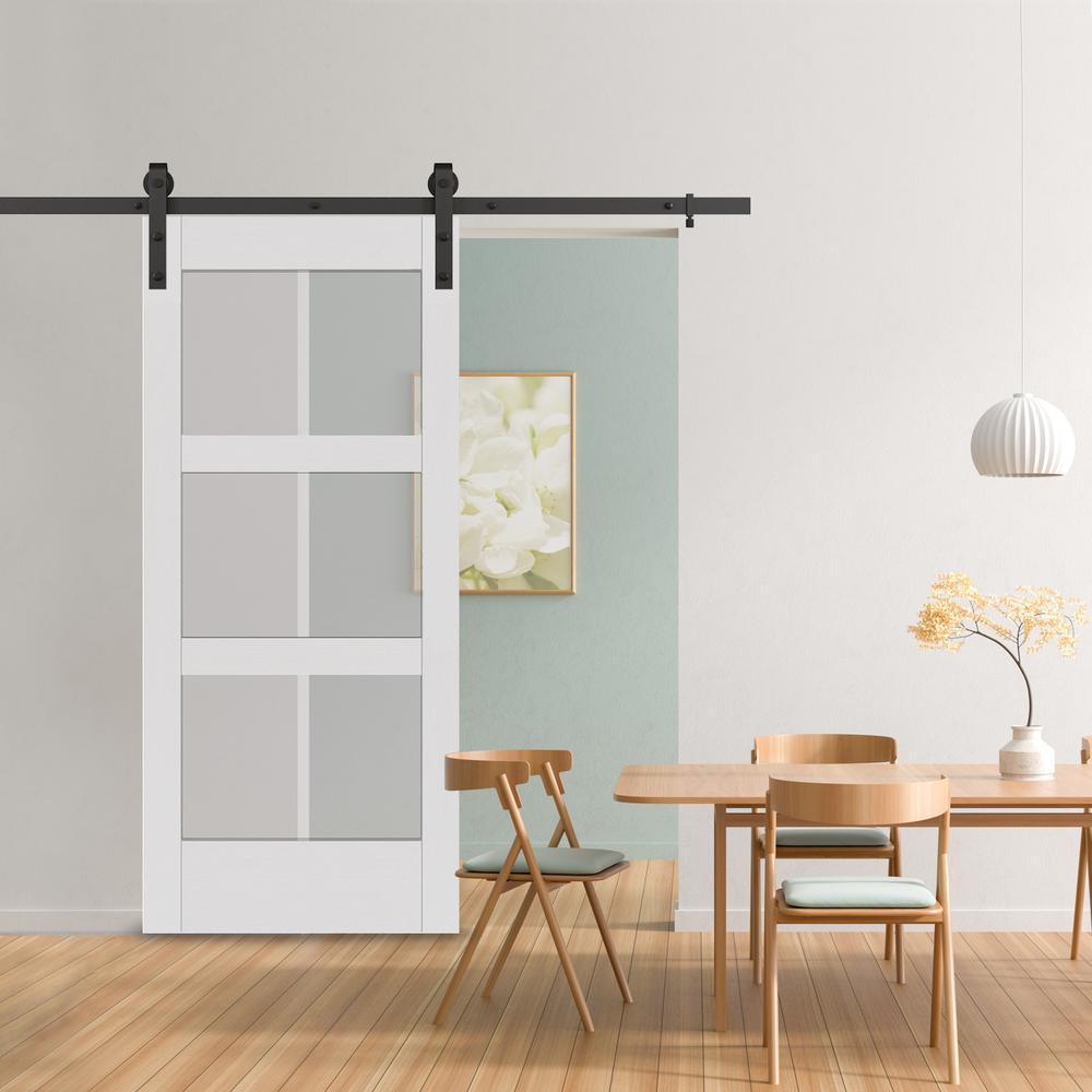 37 in. x 84 in. 3-Lite Full Frosted Glass White Vinyl Finish MDF Sliding Barn Door Slab - Super Arbor