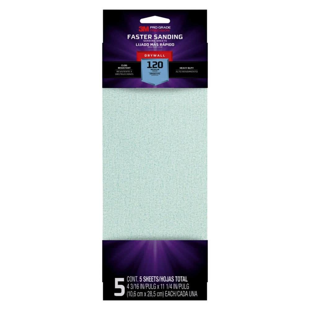 3M Pro Grade 4-3/16 in. x 11-1/4 in. 120-Grit Drywall Sanding Sheet (5-Pack)