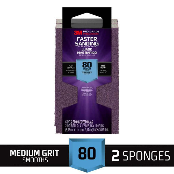3M Pro Grade Precision 2-1/2 in. x 4-1/2 in. x 1 in. 80-Grit Medium Block Sanding Sponge (2-Pack)