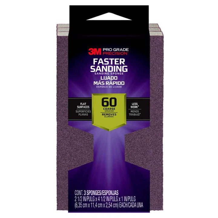 3M Pro Grade Precision 2.5 in. x 4.5 in. x 1 in. 60 Grit Faster Sanding Block Sponge (3-Pack)