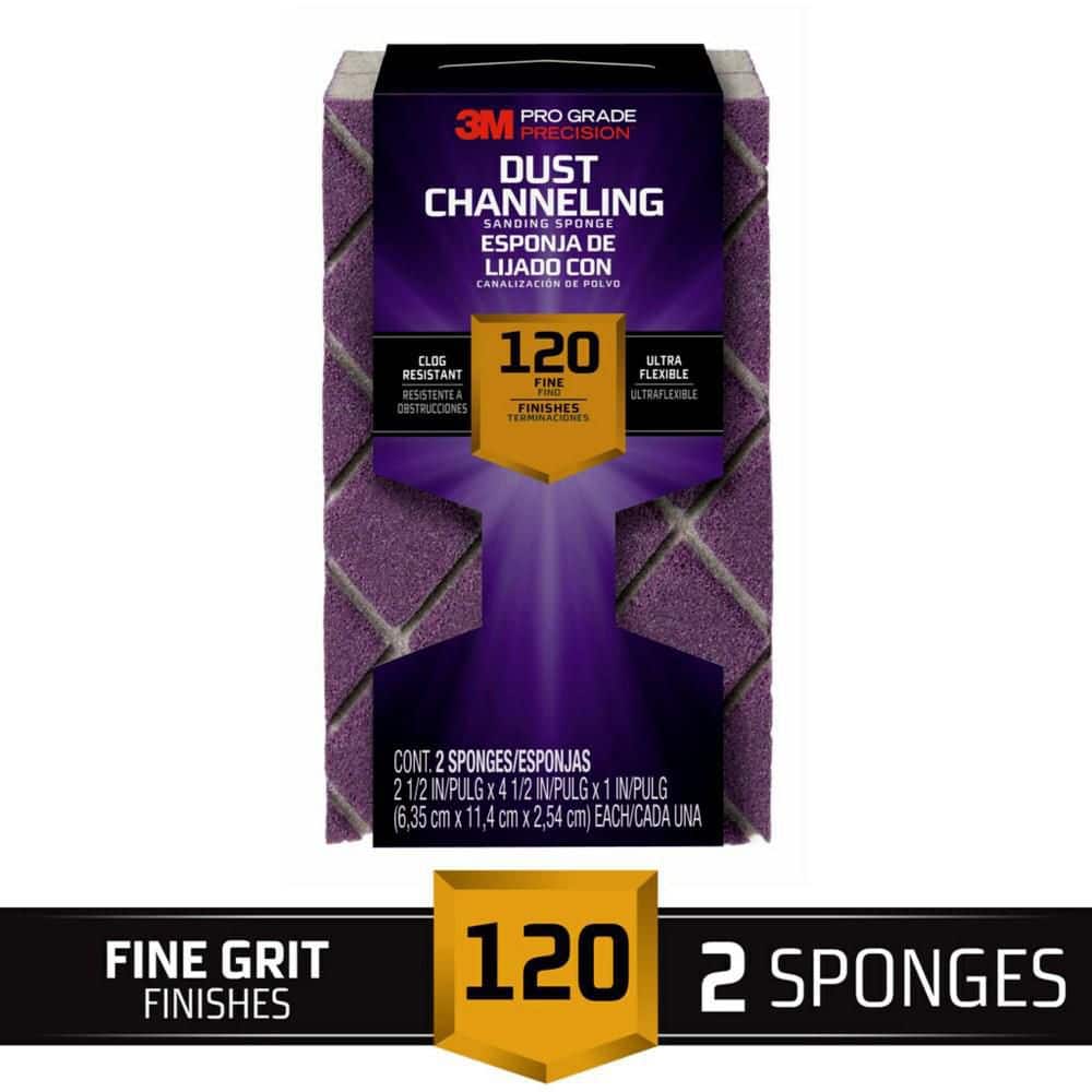 3M Pro Grade Precision 4-1/2 in. x 2-1/2 in. x 1 in. 120-Grit Fine Dust Channeling Sanding Sponge (2-Pack)