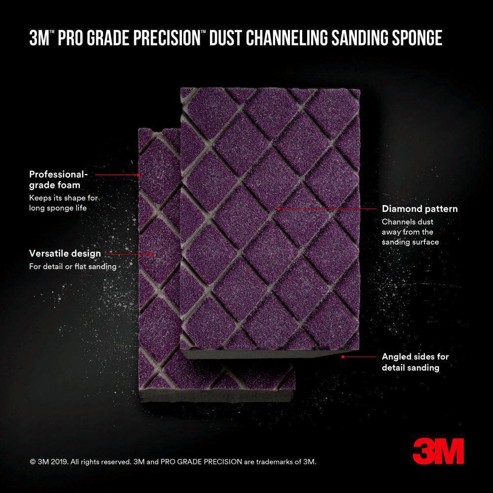 3M Pro Grade Precision 4-1/2 in. x 2-1/2 in. x 1 in. 220-Grit X-Fine Dust Channeling Sanding Sponge (2-Pack)
