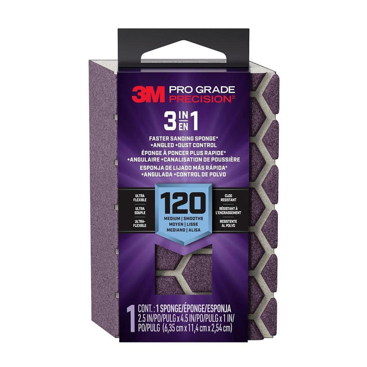 3M Pro Grade Precision 2.5 in x 4.5 in. x 1 in. Medium 120 Grit 3-in-1 Sanding Sponge (2-Pack)
