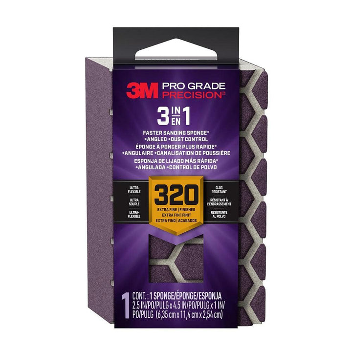 3M Pro Grade Precision 2.5 in. x 4.5 in. x 1 in. Extra Fine 320 Grit 3-in-1 Sanding Sponge (2-Pack)