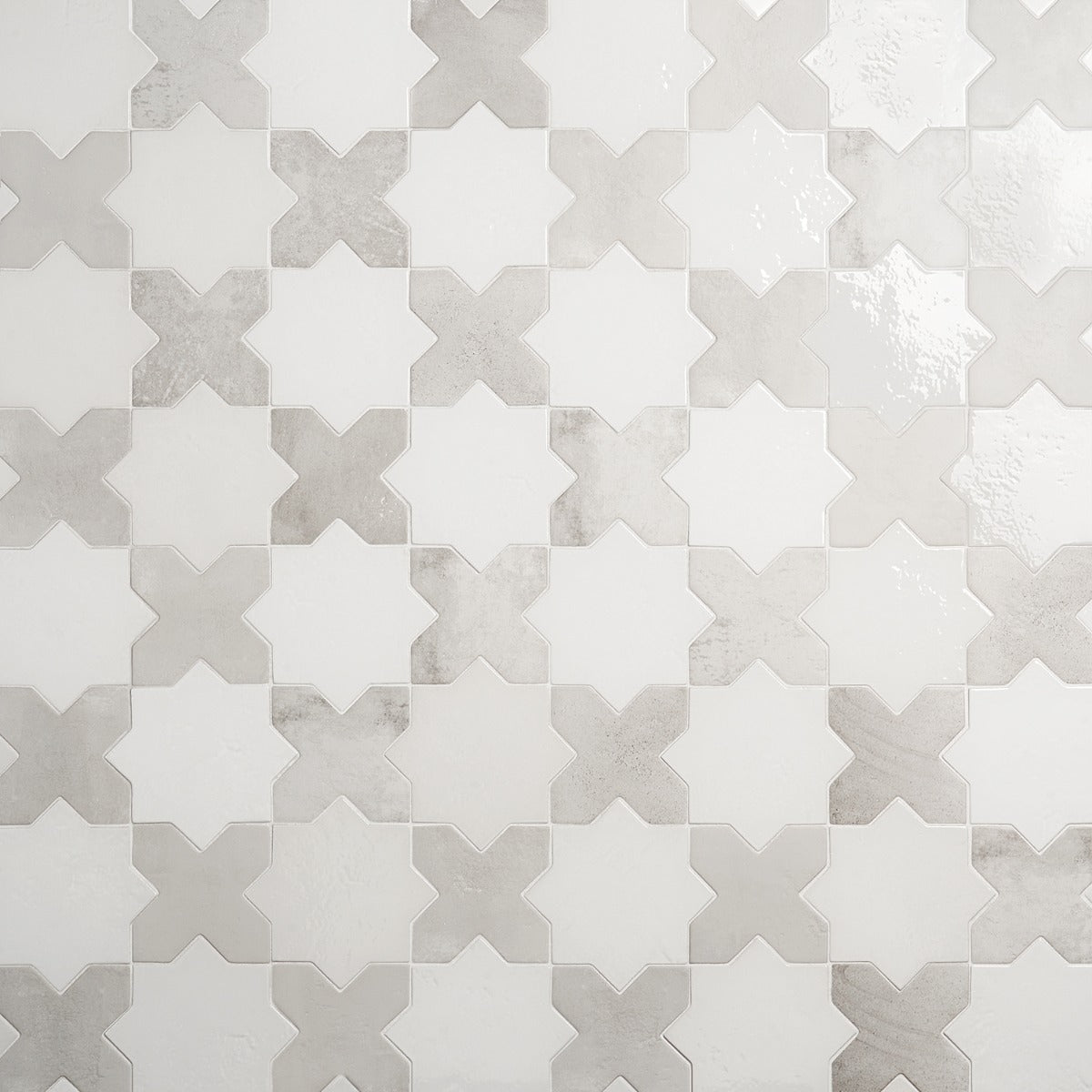 Lux Tile Parma White Polished Star and Matte Cross 6" Terracotta Look Porcelain Tile