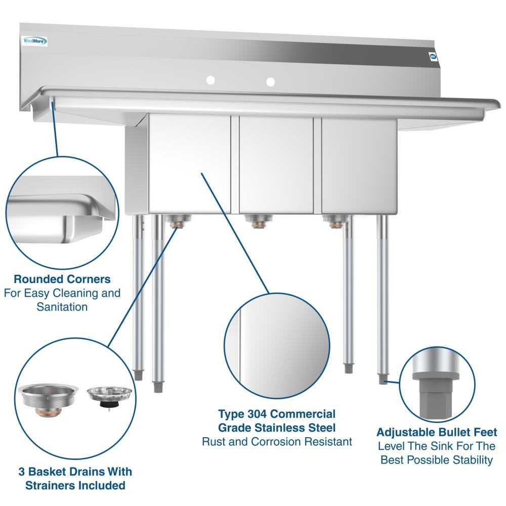 KoolMore Stainless Steel 20x54-inch 3-Basin Freestanding Utility Tub