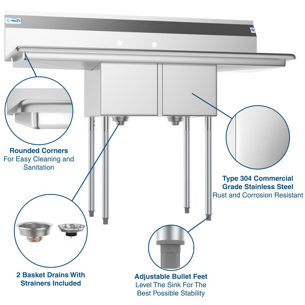 KoolMore Stainless Steel 2-Basin Freestanding Utility Tub with Drain
