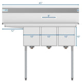 KoolMore 3-Basin Stainless Steel Utility Tub with Drain