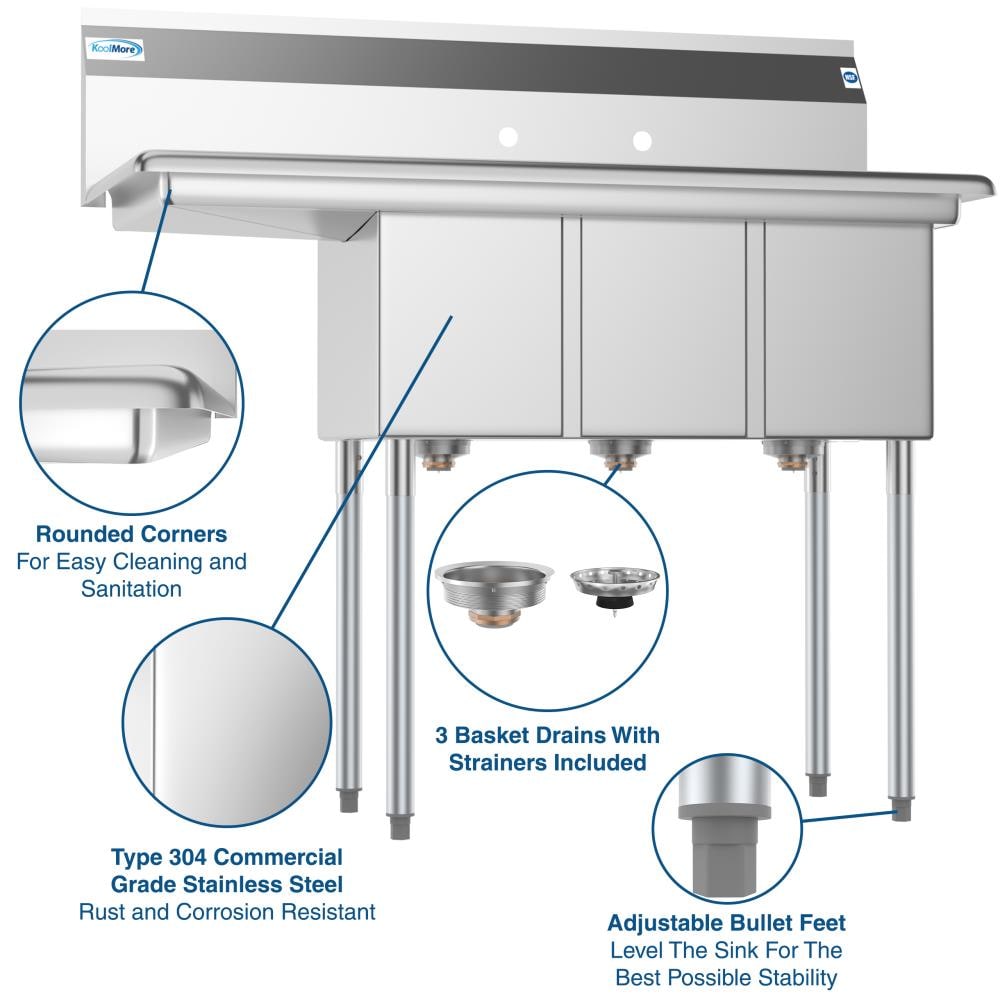 KoolMore 3-Basin Stainless Steel Utility Tub with Drain