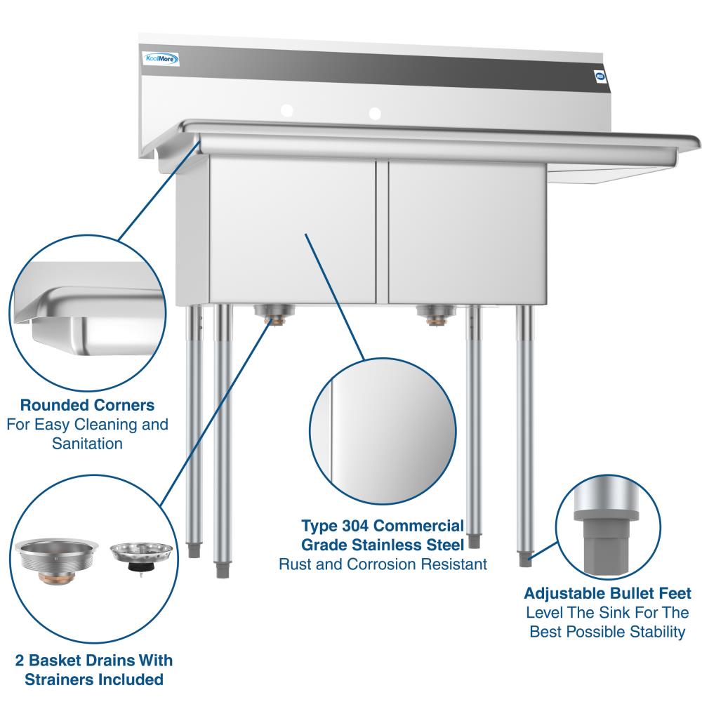KoolMore 22" x 43" 2-Basin Stainless Steel Utility Tub with Drain