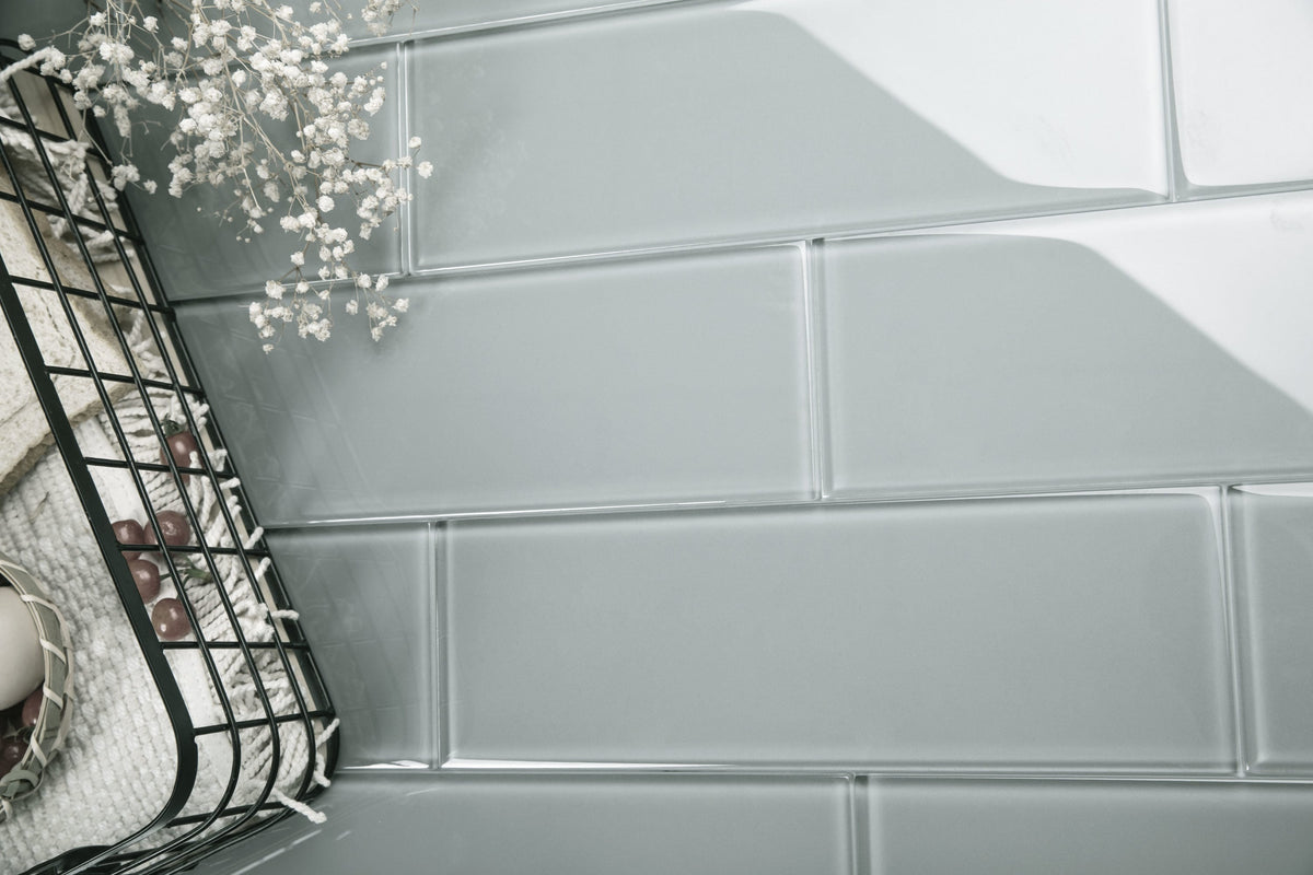 Giorbello (Sample) 4x12 glass subway tiles True Gray 4-in x 12-in Glossy Glass Brick Subway Wall Tile