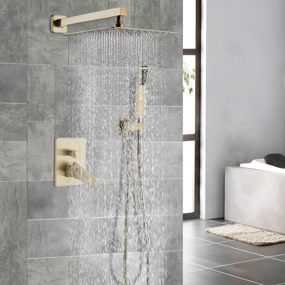 Shower System Wall Mounted with 10 in. Square Rainfall Shower head and Handheld Shower Head Set, Brushed Gold - Super Arbor