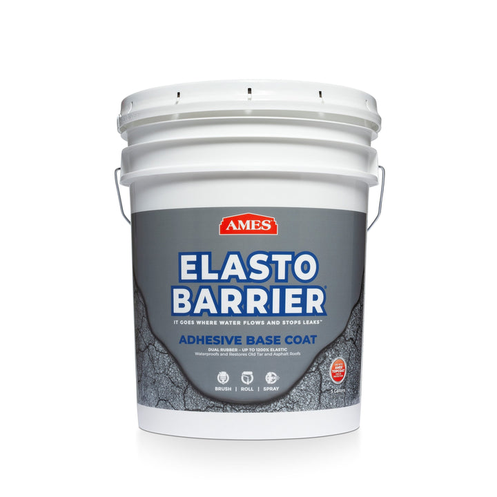 AMES Elasto-Barrier Adhesive Base Coat Waterproof Elastomeric Roof Sealant – 5-Gallon