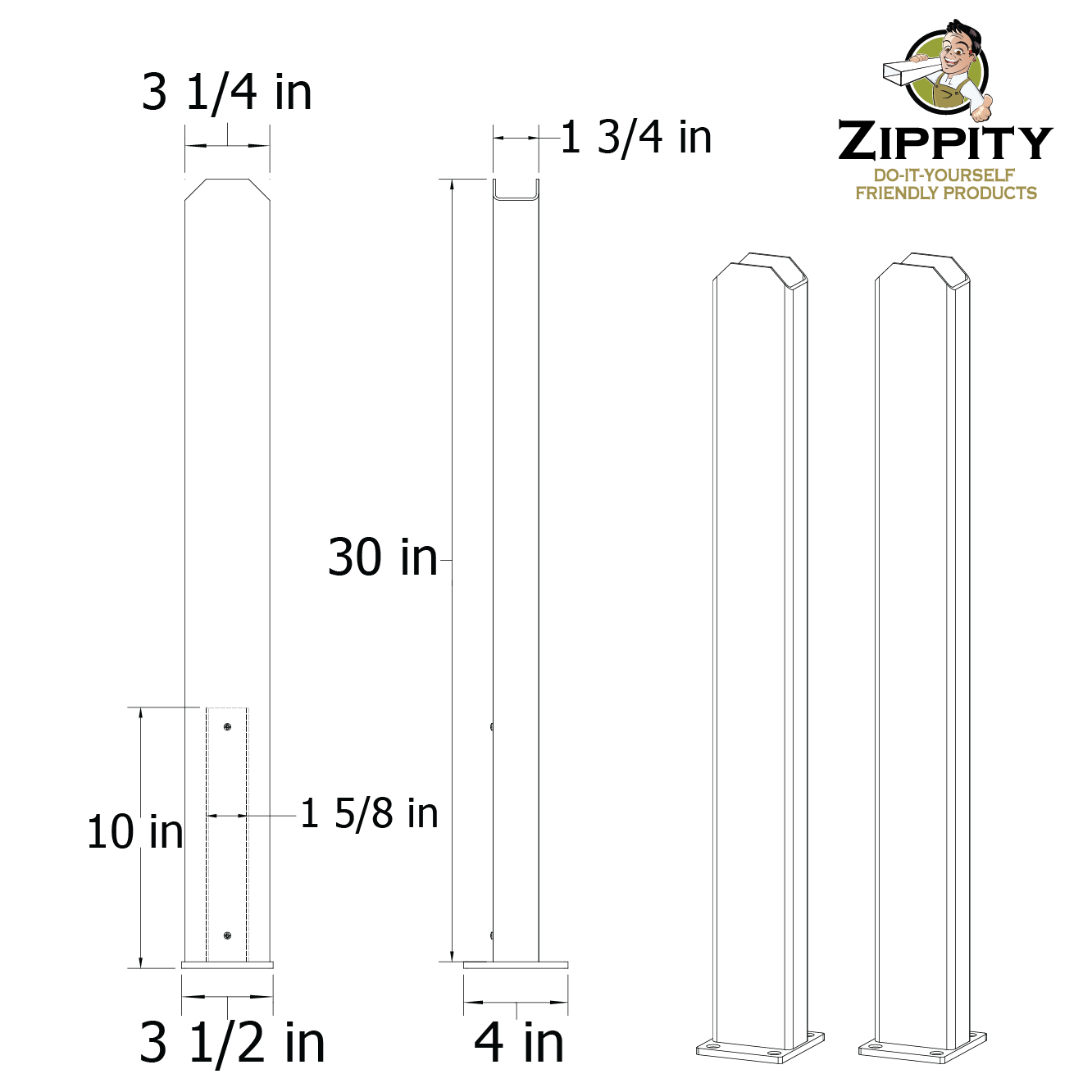 Zippity Outdoor Products Surface Mount 3-ft H x 3.5-in W White Vinyl Universal Fence Post (Unassembled)
