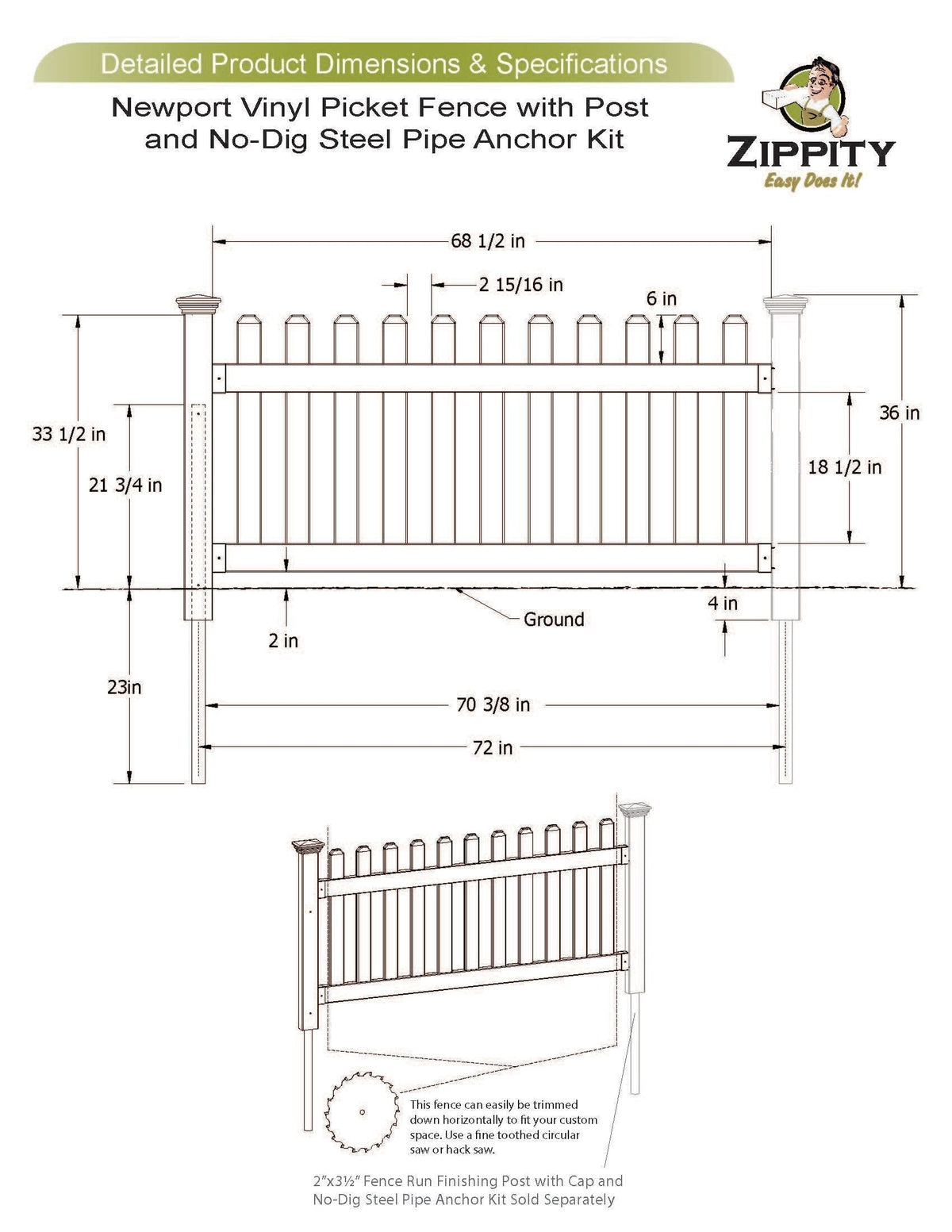 Zippity Outdoor Products Newport 3-ft H x 6-ft W White Privacy Vinyl Picket Fence Panel (Unassembled)