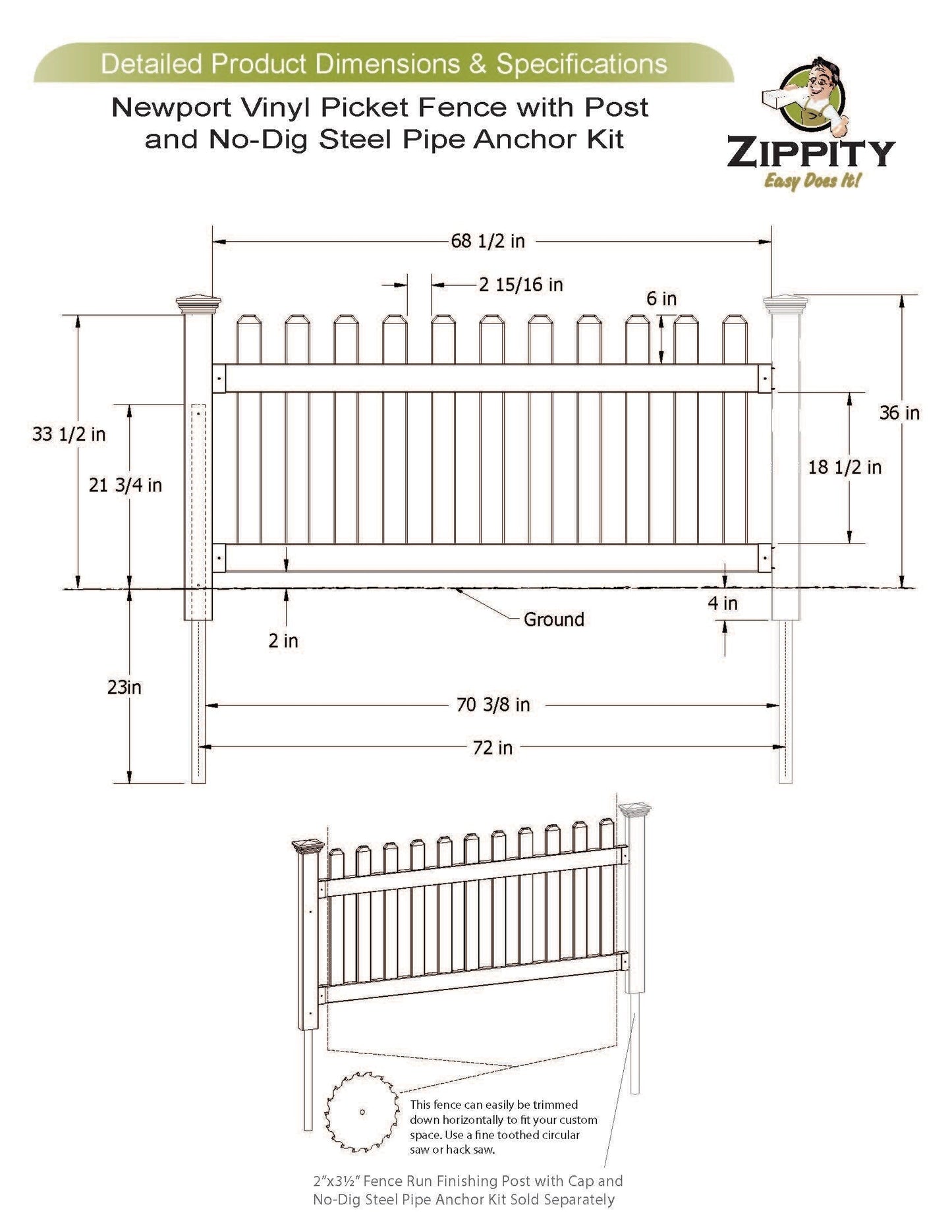 Zippity Outdoor Products Newport 3-ft H x 6-ft W White Privacy Vinyl Picket Fence Panel (Unassembled)