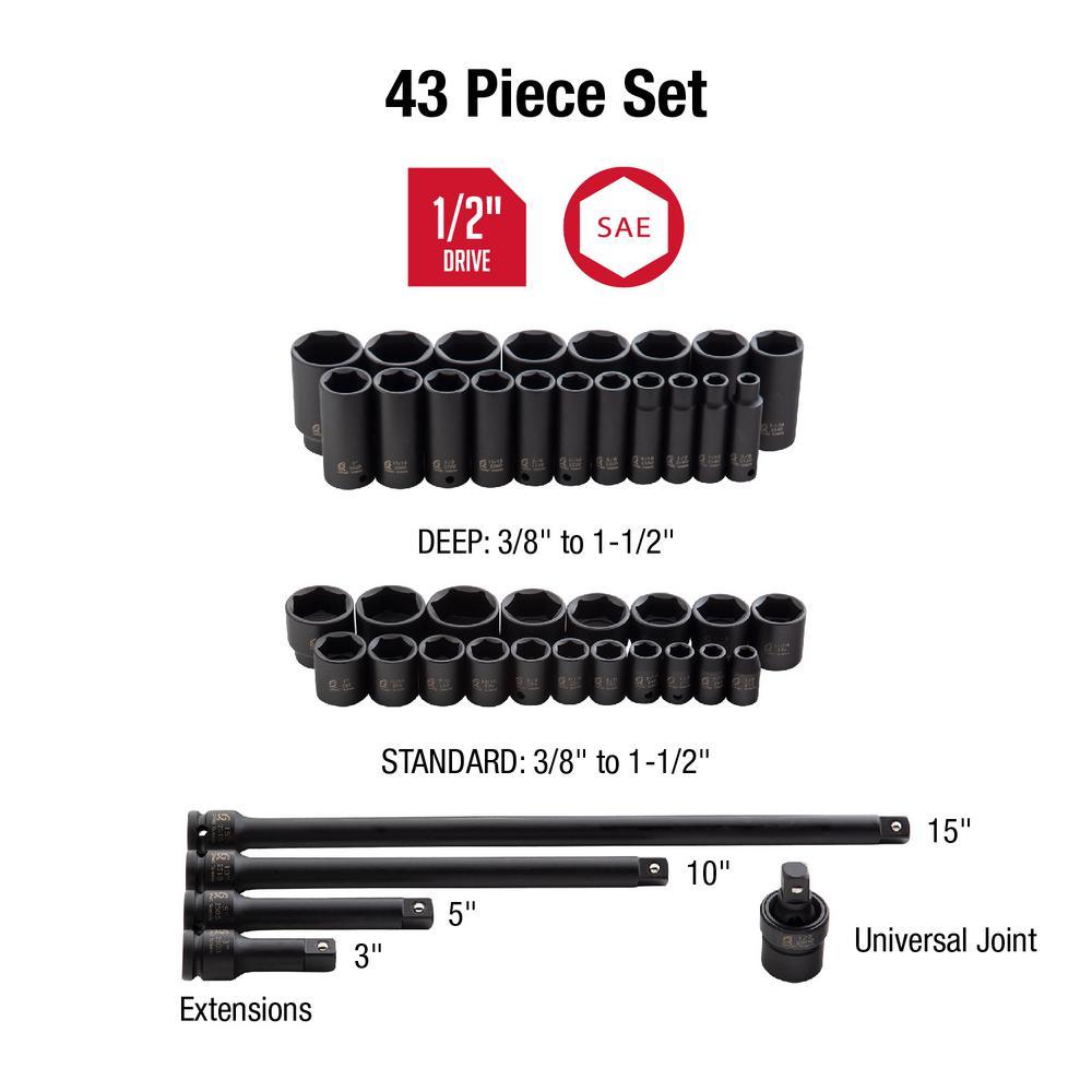1/2 in. Drive SAE Master Impact Socket Set (43-Piece) - Super Arbor