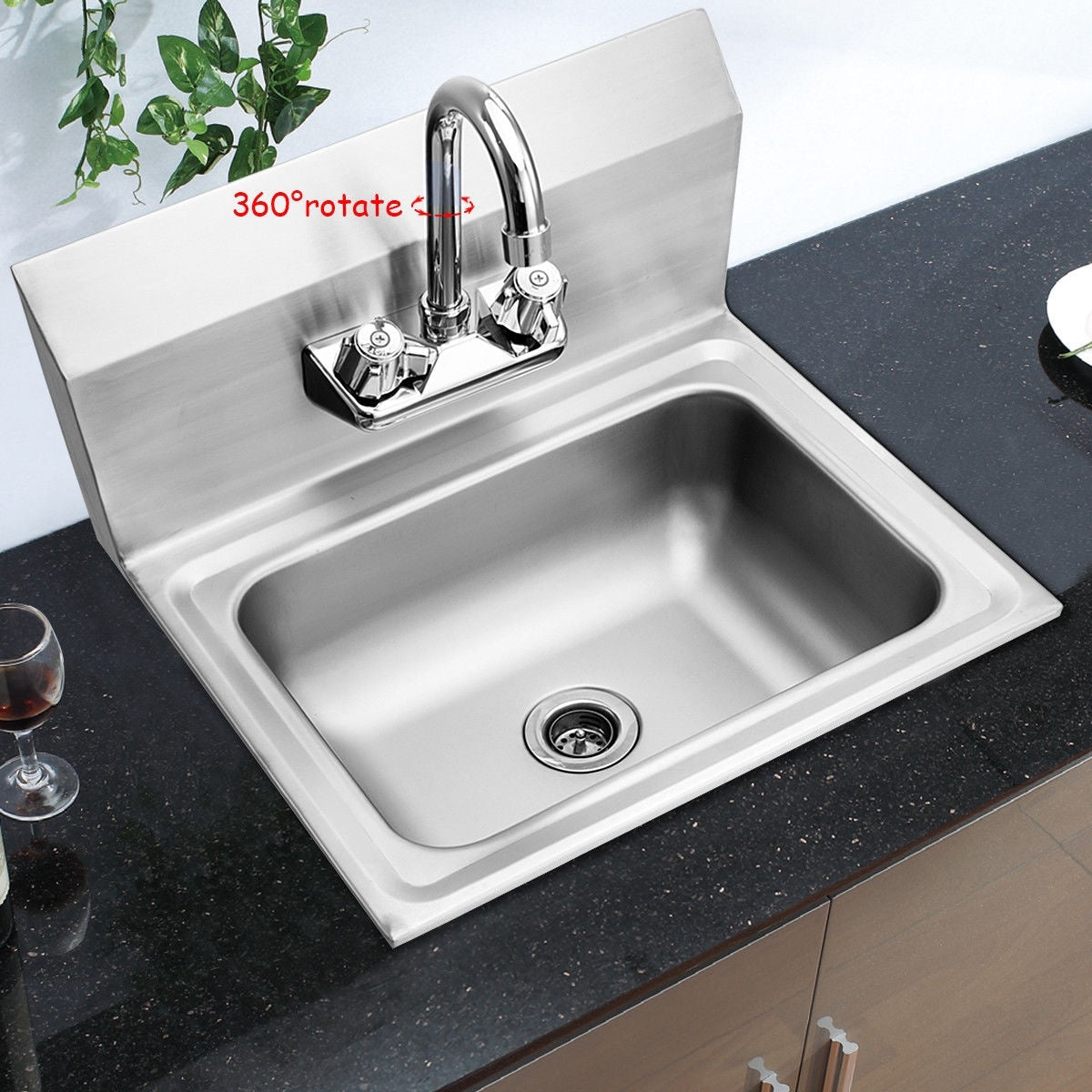 WELLFOR Stainless Steel Wall Mount Utility Tub with Faucet - 15x17 inch