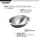 HOUZER Opus Series Undermount 13.6 in. Single Bowl Lavatory Sink with Overflow in Stainless Steel
