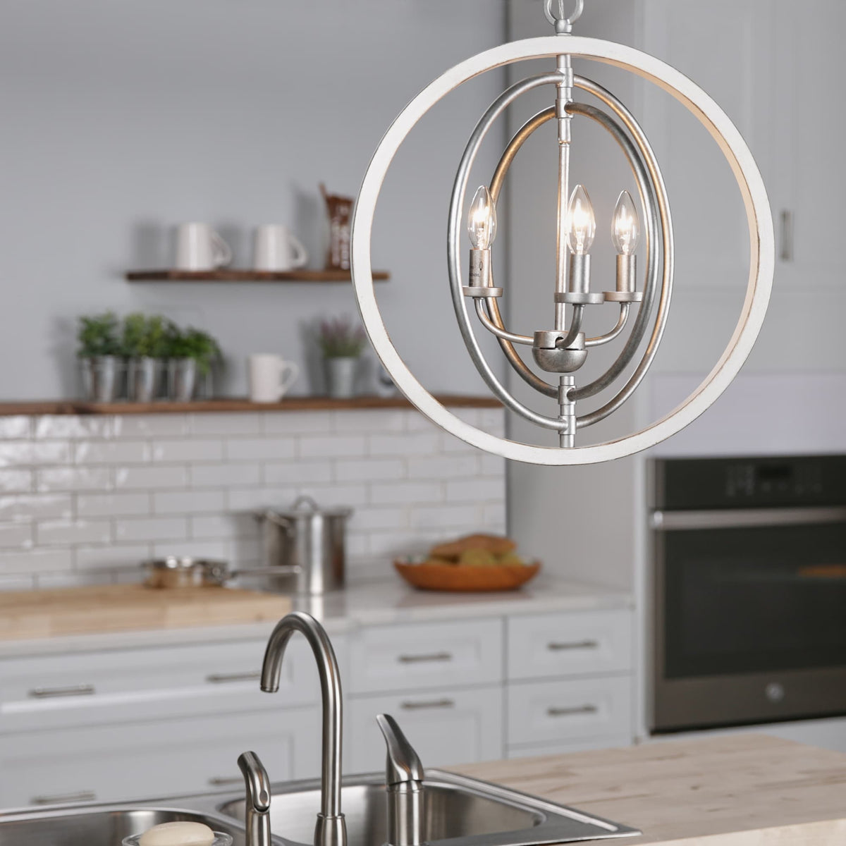 Progress Lighting Fairwood 3-Light Antique White and Galvanized Farmhouse Globe Medium Hanging Pendant Light