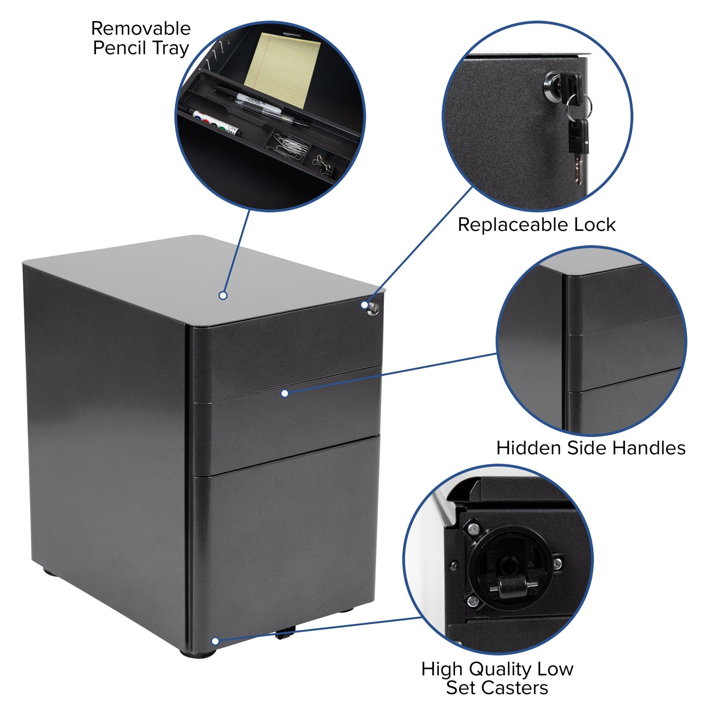 Flash Furniture Contemporary Black 3-Drawer Filing Cabinet, Commercial Grade Metal Construction, Lockable with Rolling Casters, Ergonomic Mobile Design