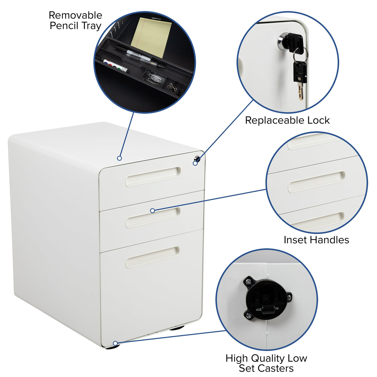 Flash Furniture Modern White 3-Drawer Filing Cabinet - Ergonomic Mobile Design, Lockable, Commercial Grade, Metal Construction, Rolling, 16x24x21 Inches