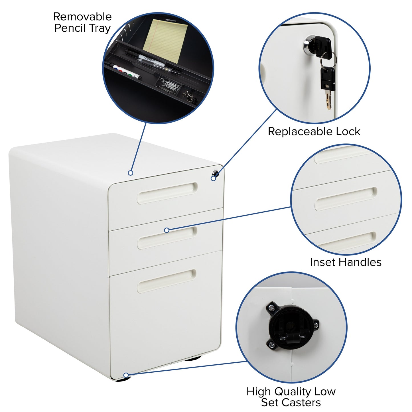 Flash Furniture Modern White 3-Drawer Filing Cabinet - Ergonomic Mobile Design, Lockable, Commercial Grade, Metal Construction, Rolling, 16x24x21 Inches