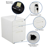 Flash Furniture Modern White 3-Drawer Filing Cabinet - Ergonomic Mobile Design, Lockable, Commercial Grade, Metal Construction, Rolling, 16x24x21 Inches